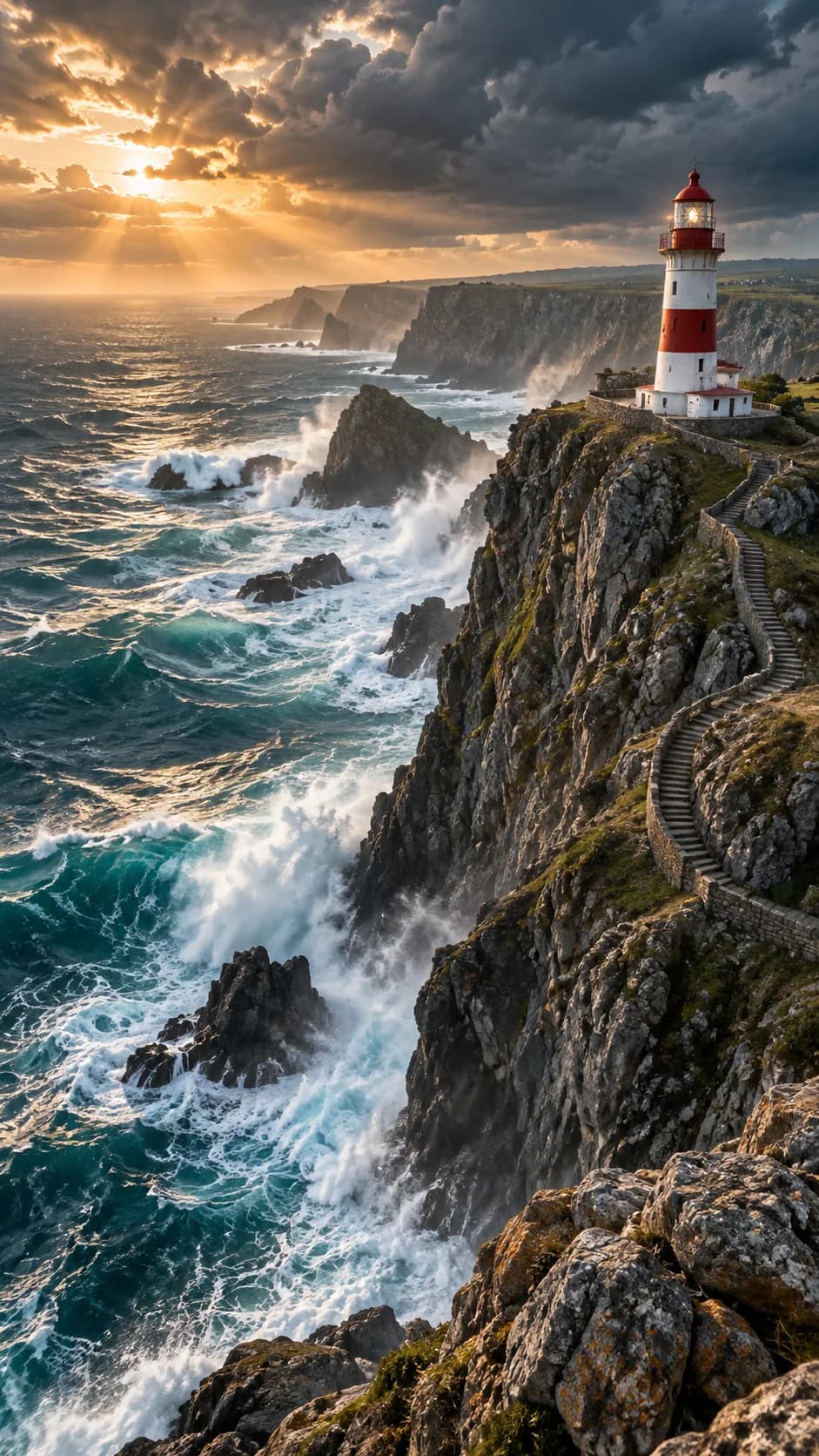 Cinematic aerial illustration of a lighthouse above turquoise waves and dramatic sea cliffs