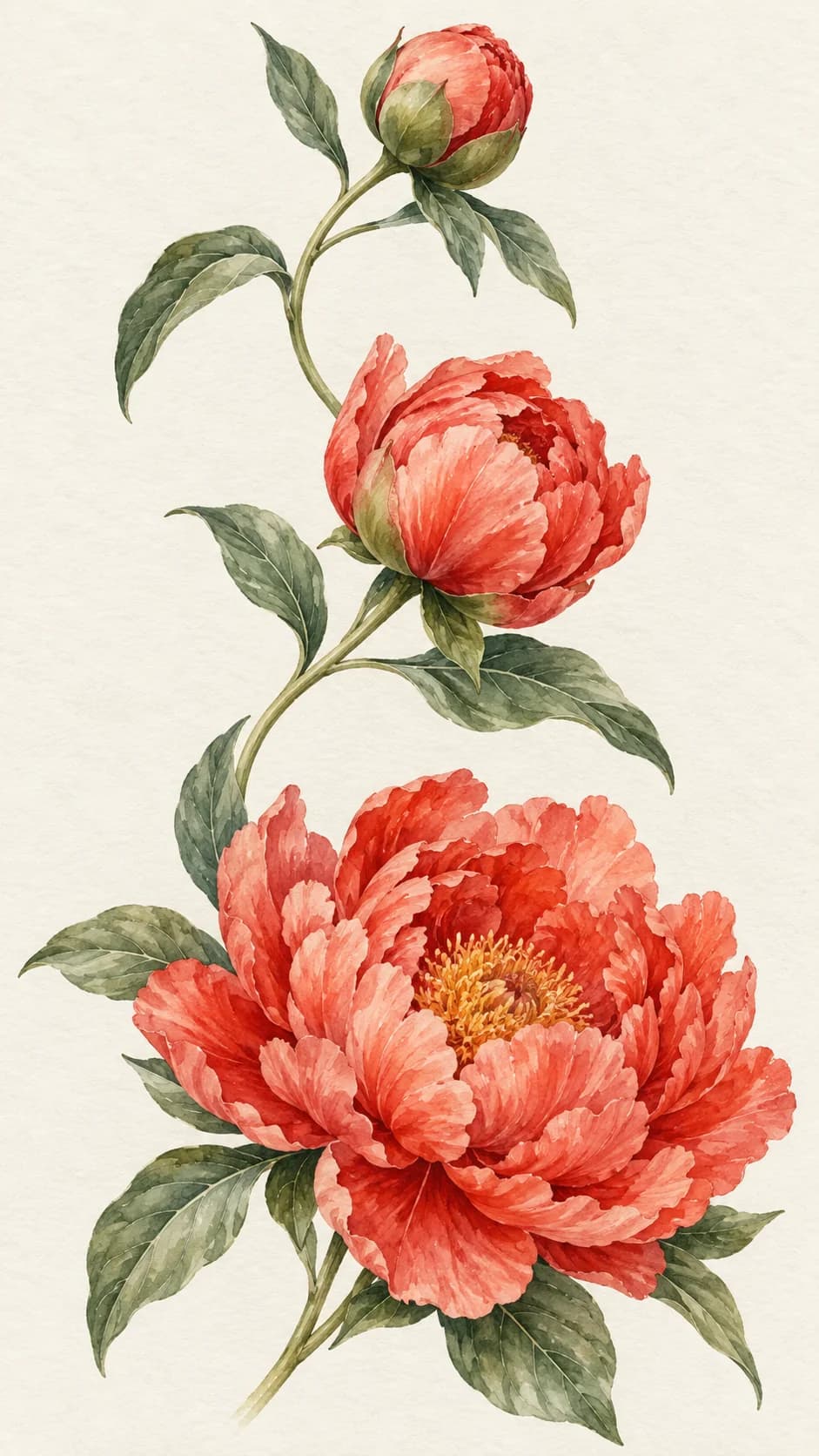 Botanical watercolor concept showing a peony progressing from bud to full bloom