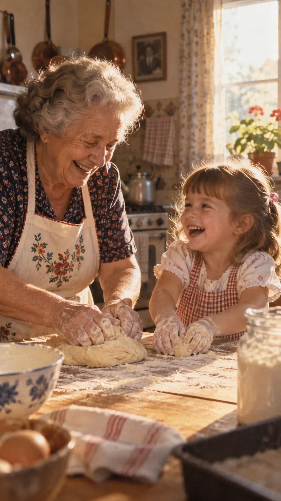 Warm vintage-style illustration of a grandmother and granddaughter baking together