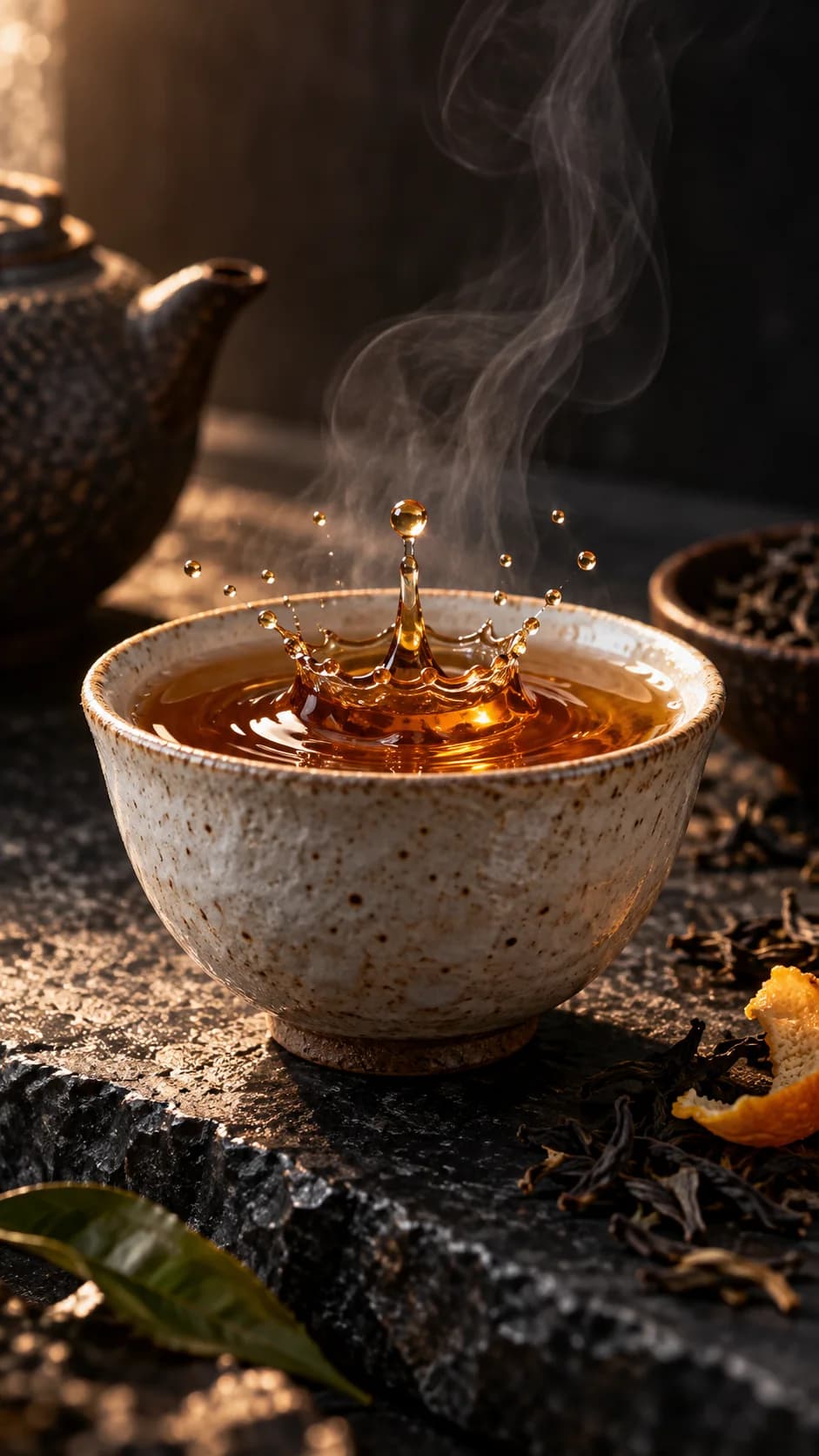 Macro illustration of an amber tea splash and steam above a handmade ceramic cup