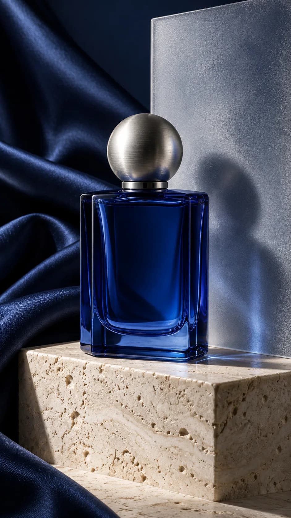 Editorial product illustration of a cobalt glass perfume bottle with silk and travertine