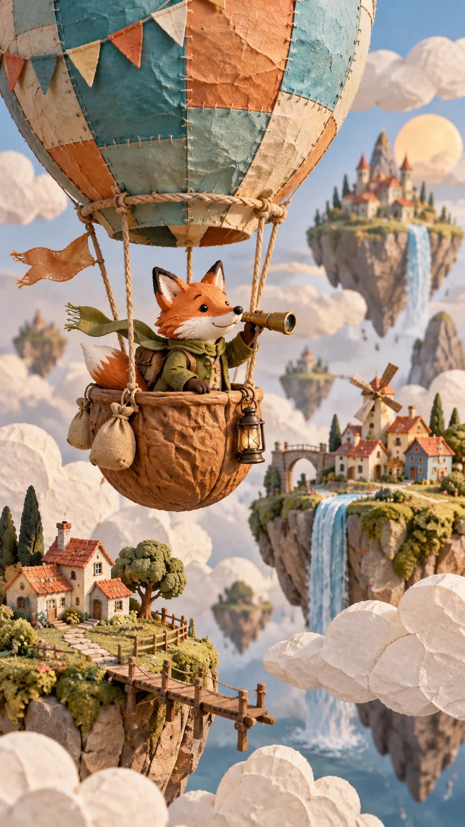 Handcrafted paper-and-clay fox adventurer in a balloon above miniature floating islands